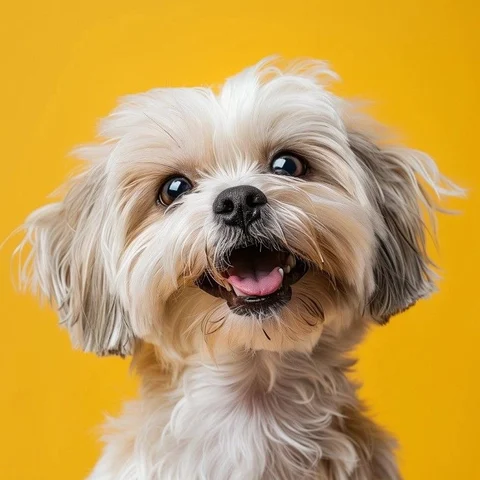 Cãozinho branco e peludo sorrindo, com as orelhas ao vento