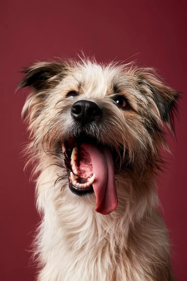 Cachorro peludo de pelo claro com a língua enorme para fora
